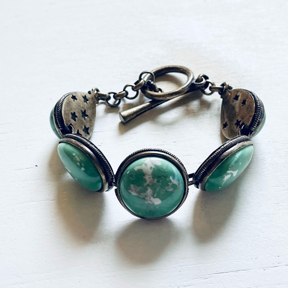 Lucky Brand Pave Faux Turquoise Cabochon Bracelet Antique Silver Tone Western - Picture 9 of 10